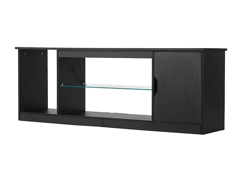 Szafka TV SucceBuy na Ekrany do 165 cm, Nowoczesna Szafka Drewniana z Oświetleniem LED, Regulowane Półki Szklane i Miejsce do Przechowywania