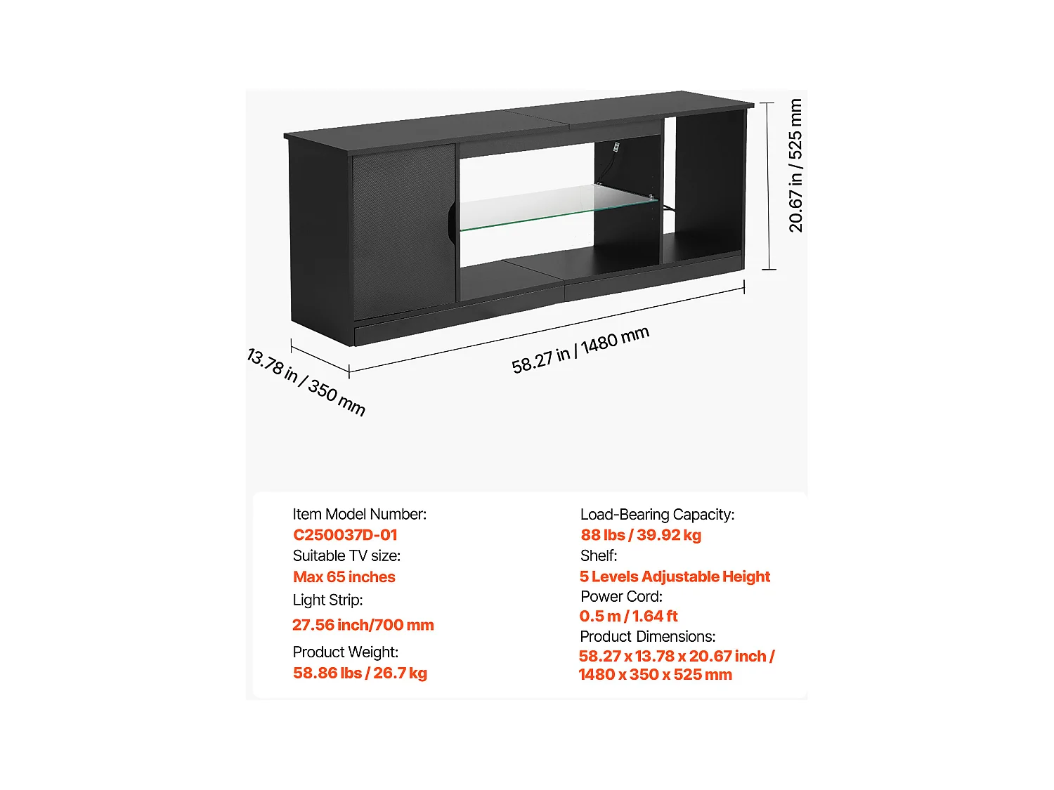 Szafka TV SucceBuy na Ekrany do 165 cm, Nowoczesna Szafka Drewniana z Oświetleniem LED, Regulowane Półki Szklane i Miejsce do Przechowywania
