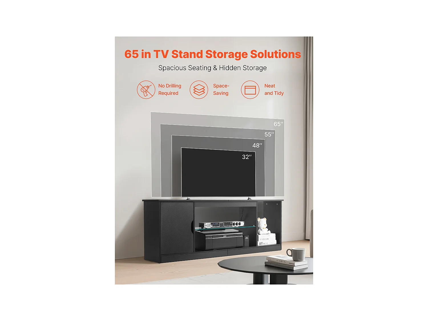 Szafka TV SucceBuy na Ekrany do 165 cm, Nowoczesna Szafka Drewniana z Oświetleniem LED, Regulowane Półki Szklane i Miejsce do Przechowywania