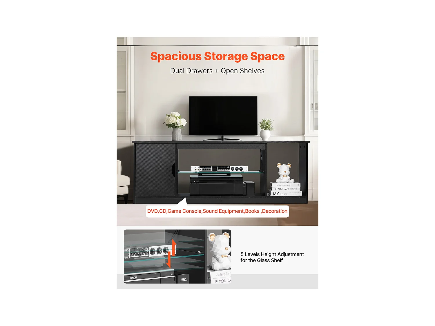 Szafka TV SucceBuy na Ekrany do 165 cm, Nowoczesna Szafka Drewniana z Oświetleniem LED, Regulowane Półki Szklane i Miejsce do Przechowywania