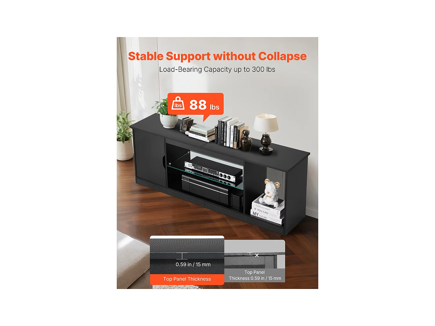 Szafka TV SucceBuy na Ekrany do 165 cm, Nowoczesna Szafka Drewniana z Oświetleniem LED, Regulowane Półki Szklane i Miejsce do Przechowywania