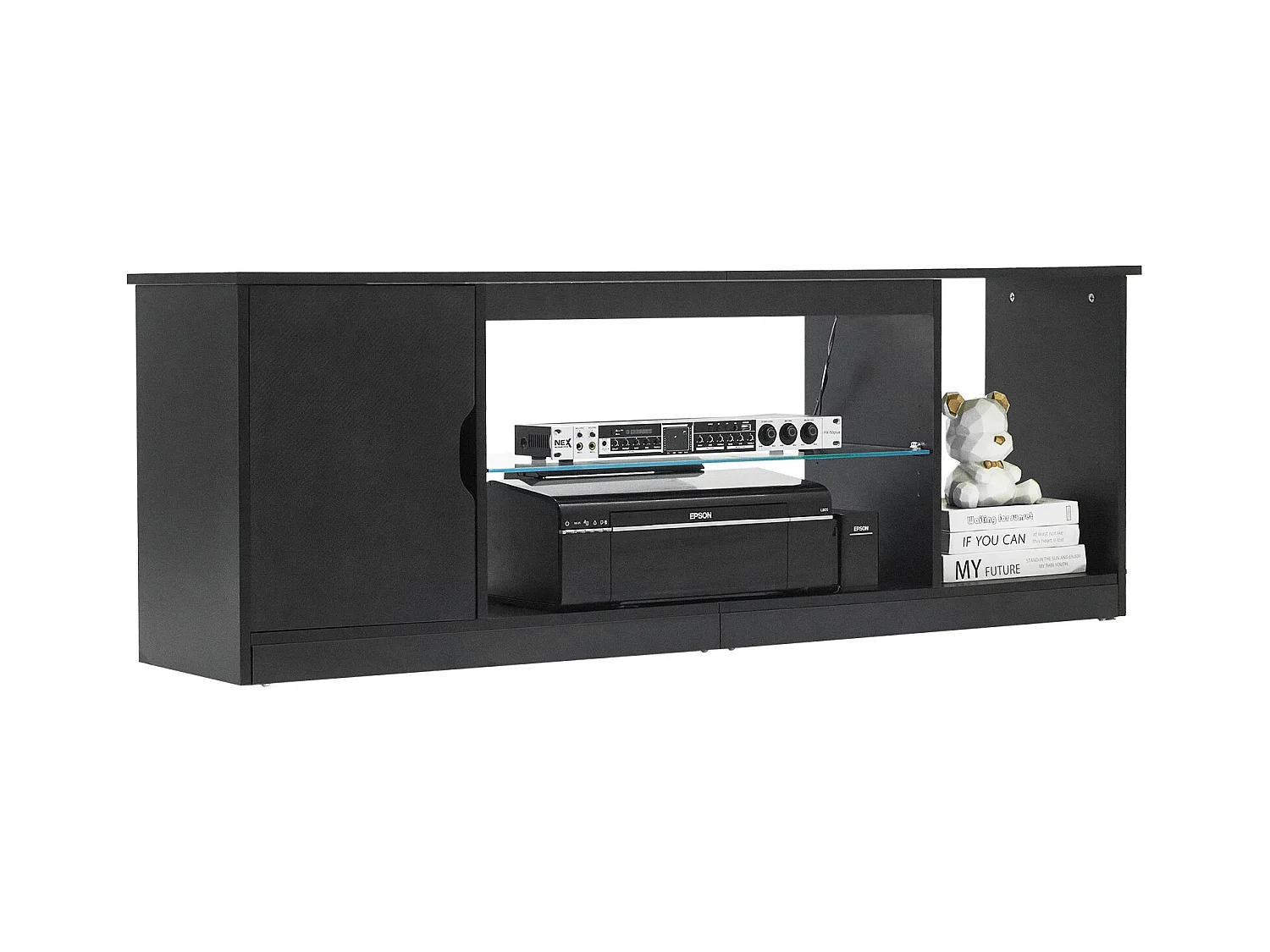 Szafka TV SucceBuy na Ekrany do 165 cm, Nowoczesna Szafka Drewniana z Oświetleniem LED, Regulowane Półki Szklane i Miejsce do Przechowywania