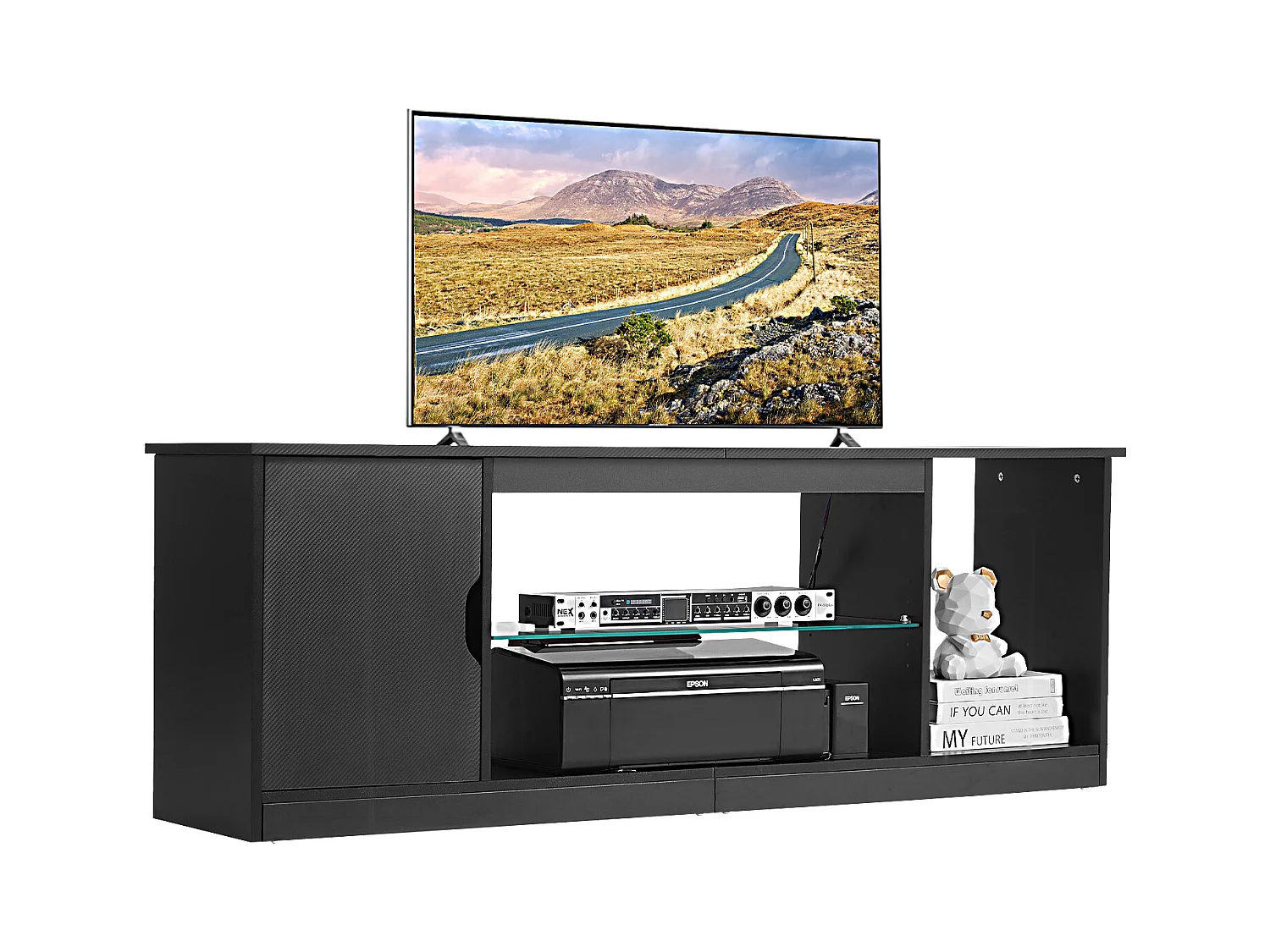 Szafka TV SucceBuy na Ekrany do 165 cm, Nowoczesna Szafka Drewniana z Oświetleniem LED, Regulowane Półki Szklane i Miejsce do Przechowywania