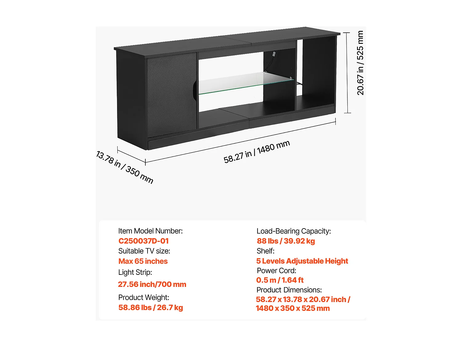 Szafka TV SucceBuy na Ekrany do 165 cm, Nowoczesna Szafka Drewniana z Oświetleniem LED, Regulowane Półki Szklane i Miejsce do Przechowywania