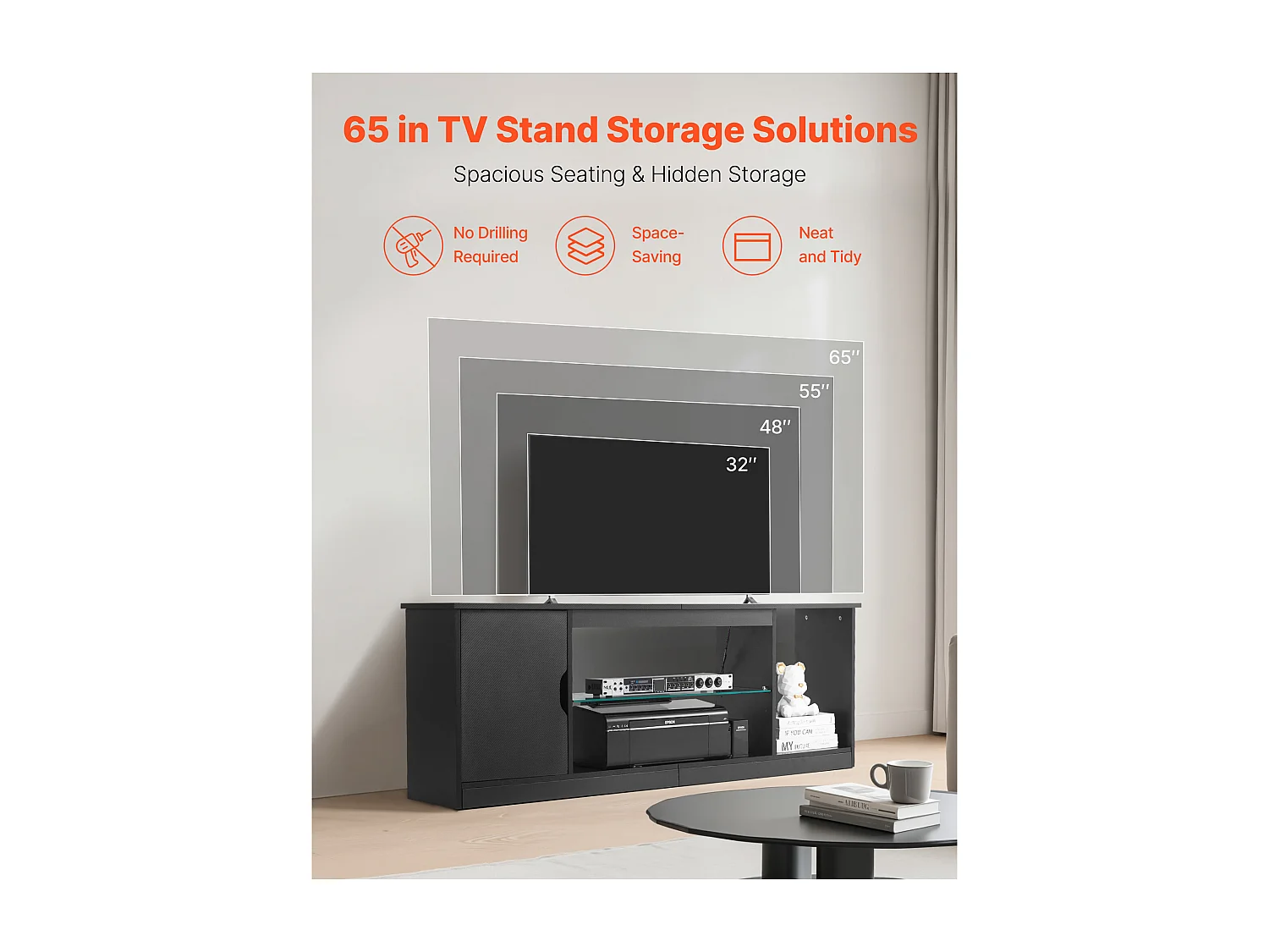 Szafka TV SucceBuy na Ekrany do 165 cm, Nowoczesna Szafka Drewniana z Oświetleniem LED, Regulowane Półki Szklane i Miejsce do Przechowywania