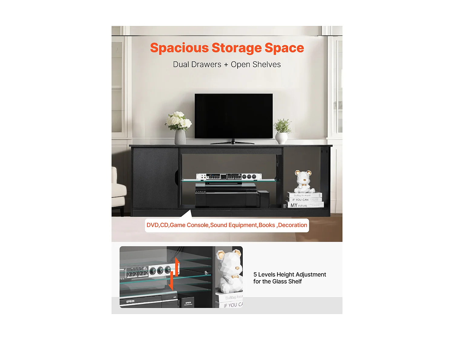 Szafka TV SucceBuy na Ekrany do 165 cm, Nowoczesna Szafka Drewniana z Oświetleniem LED, Regulowane Półki Szklane i Miejsce do Przechowywania