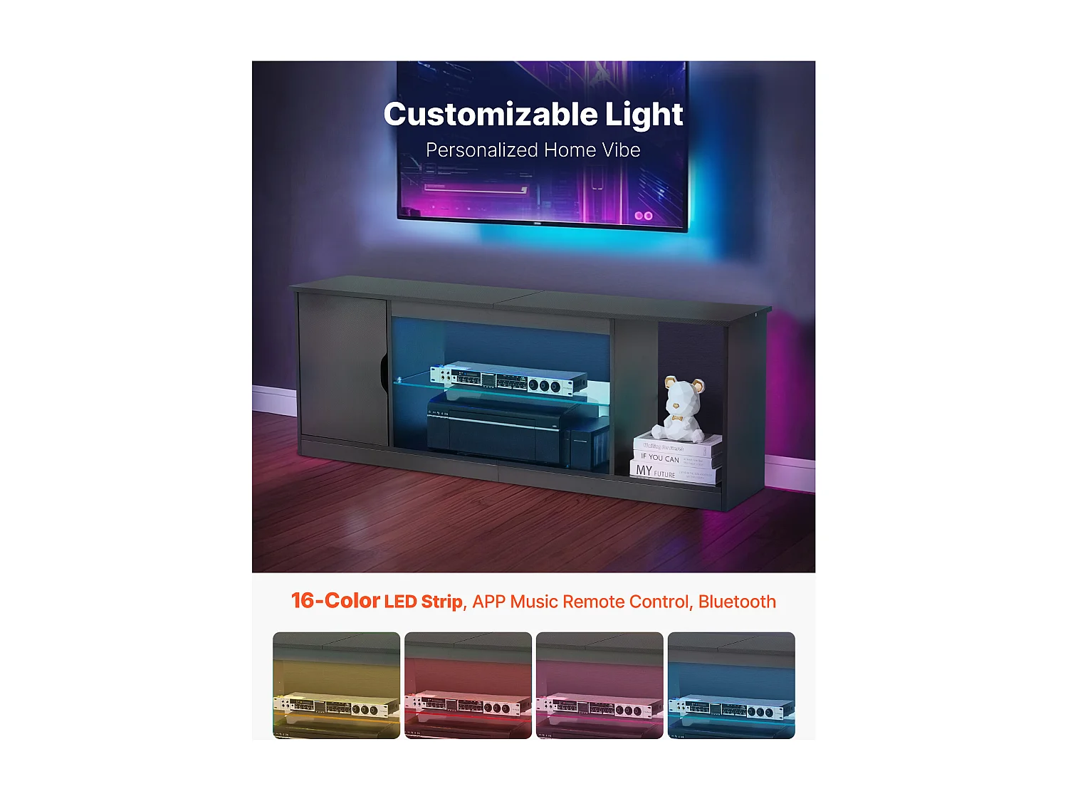 Szafka TV SucceBuy na Ekrany do 165 cm, Nowoczesna Szafka Drewniana z Oświetleniem LED, Regulowane Półki Szklane i Miejsce do Przechowywania