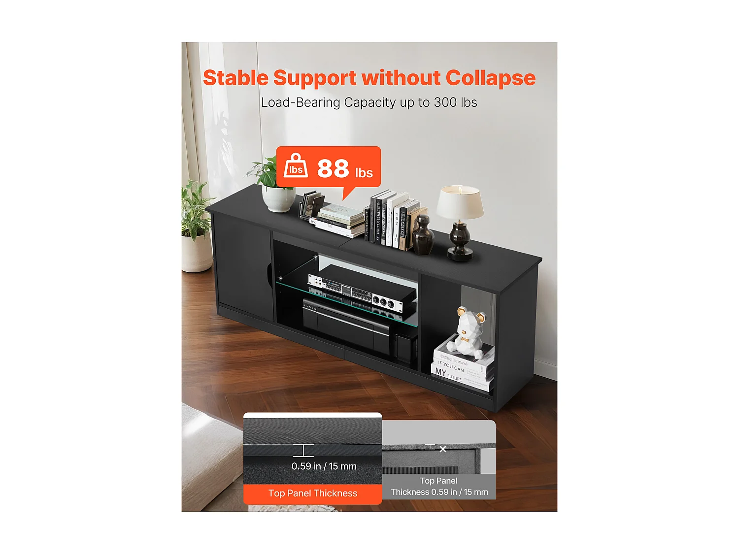 Szafka TV SucceBuy na Ekrany do 165 cm, Nowoczesna Szafka Drewniana z Oświetleniem LED, Regulowane Półki Szklane i Miejsce do Przechowywania
