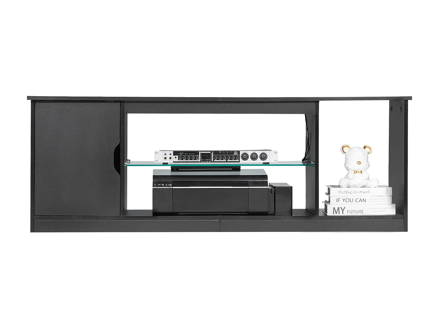 Szafka TV SucceBuy na Ekrany do 165 cm, Nowoczesna Szafka Drewniana z Oświetleniem LED, Regulowane Półki Szklane i Miejsce do Przechowywania