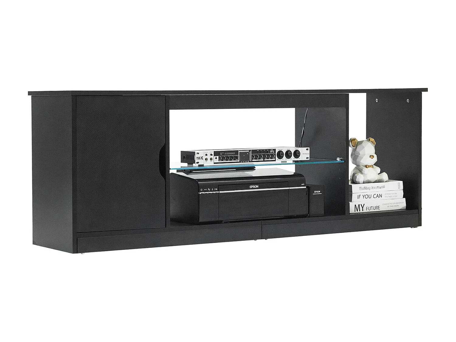 Szafka TV SucceBuy na Ekrany do 165 cm, Nowoczesna Szafka Drewniana z Oświetleniem LED, Regulowane Półki Szklane i Miejsce do Przechowywania