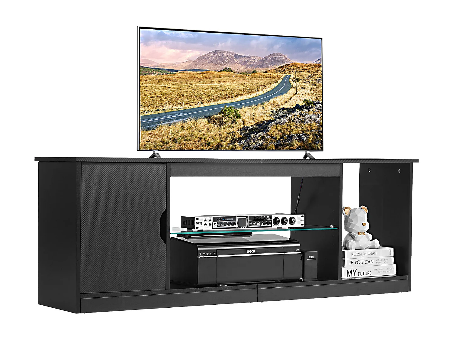 Szafka TV SucceBuy na Ekrany do 165 cm, Nowoczesna Szafka Drewniana z Oświetleniem LED, Regulowane Półki Szklane i Miejsce do Przechowywania