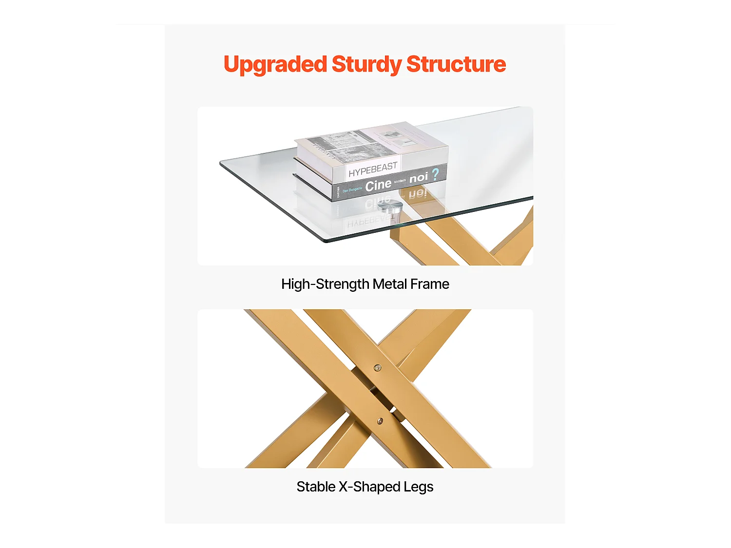Table Basse SucceBuy en Verre Moderne, avec Plateau en Verre Trempé et Pieds Croisés en Métal, Équipée de Patins Réglables Antidérapants, Idéale pour le Salon