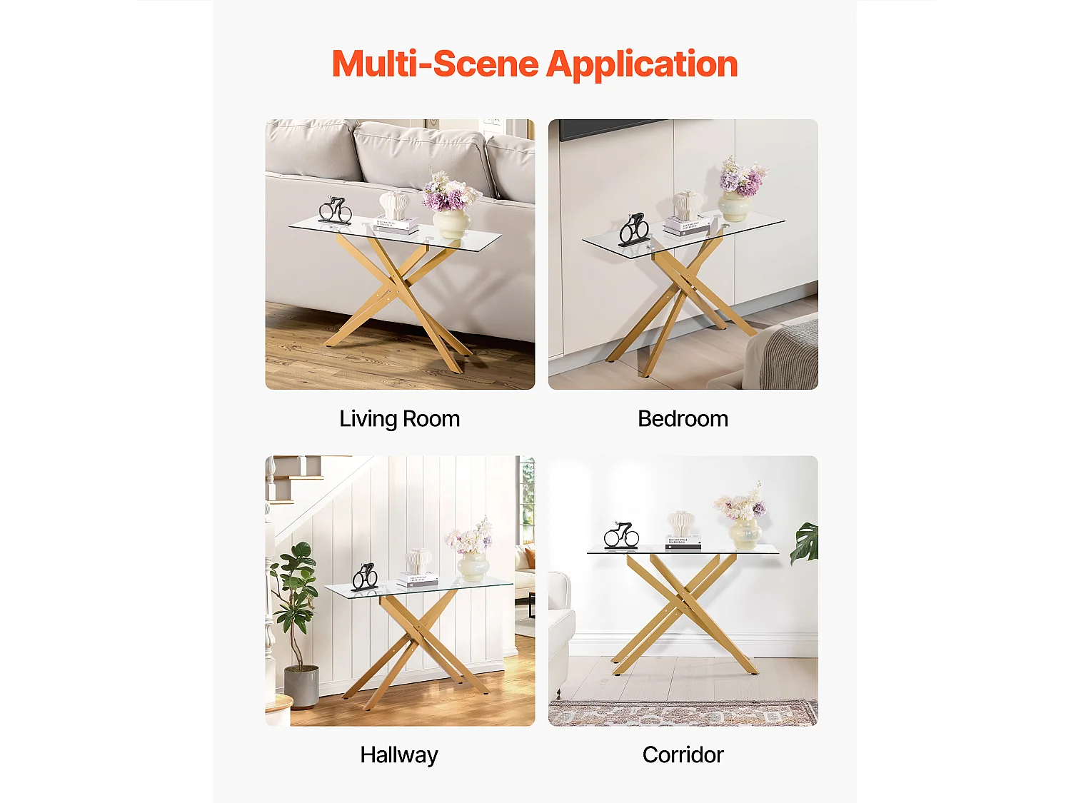 Table Basse SucceBuy en Verre Moderne, avec Plateau en Verre Trempé et Pieds Croisés en Métal, Équipée de Patins Réglables Antidérapants, Idéale pour le Salon