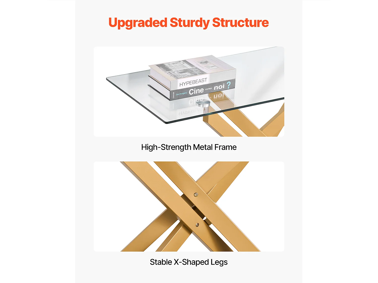 Table Basse SucceBuy en Verre Moderne, avec Plateau en Verre Trempé et Pieds Croisés en Métal, Équipée de Patins Réglables Antidérapants, Idéale pour le Salon
