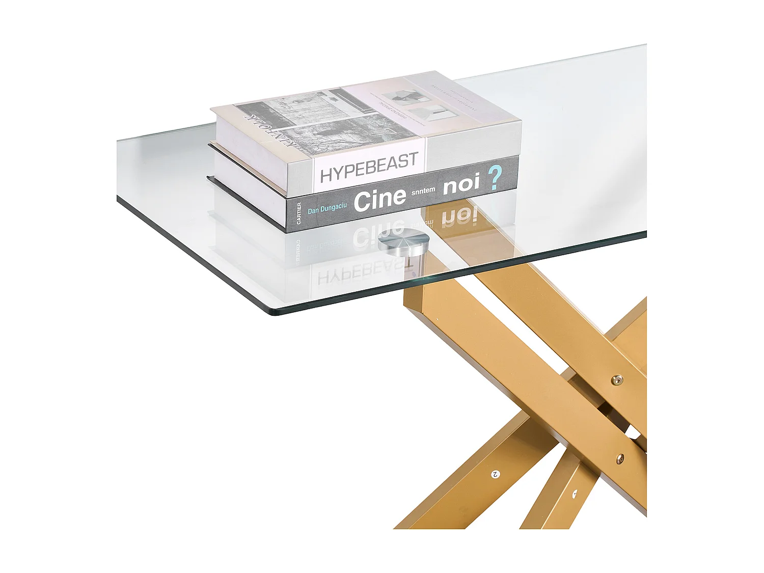 Table Basse SucceBuy en Verre Moderne, avec Plateau en Verre Trempé et Pieds Croisés en Métal, Équipée de Patins Réglables Antidérapants, Idéale pour le Salon