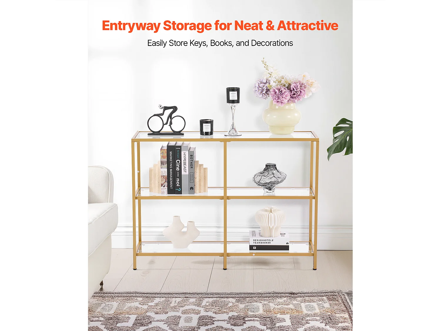 Tavolo Console SucceBuy in Vetro a 3 Livelli, Tavolino Rettangolare Moderno con Ripiani in Vetro Temperato, Struttura in Ferro, Ideale per Ingresso