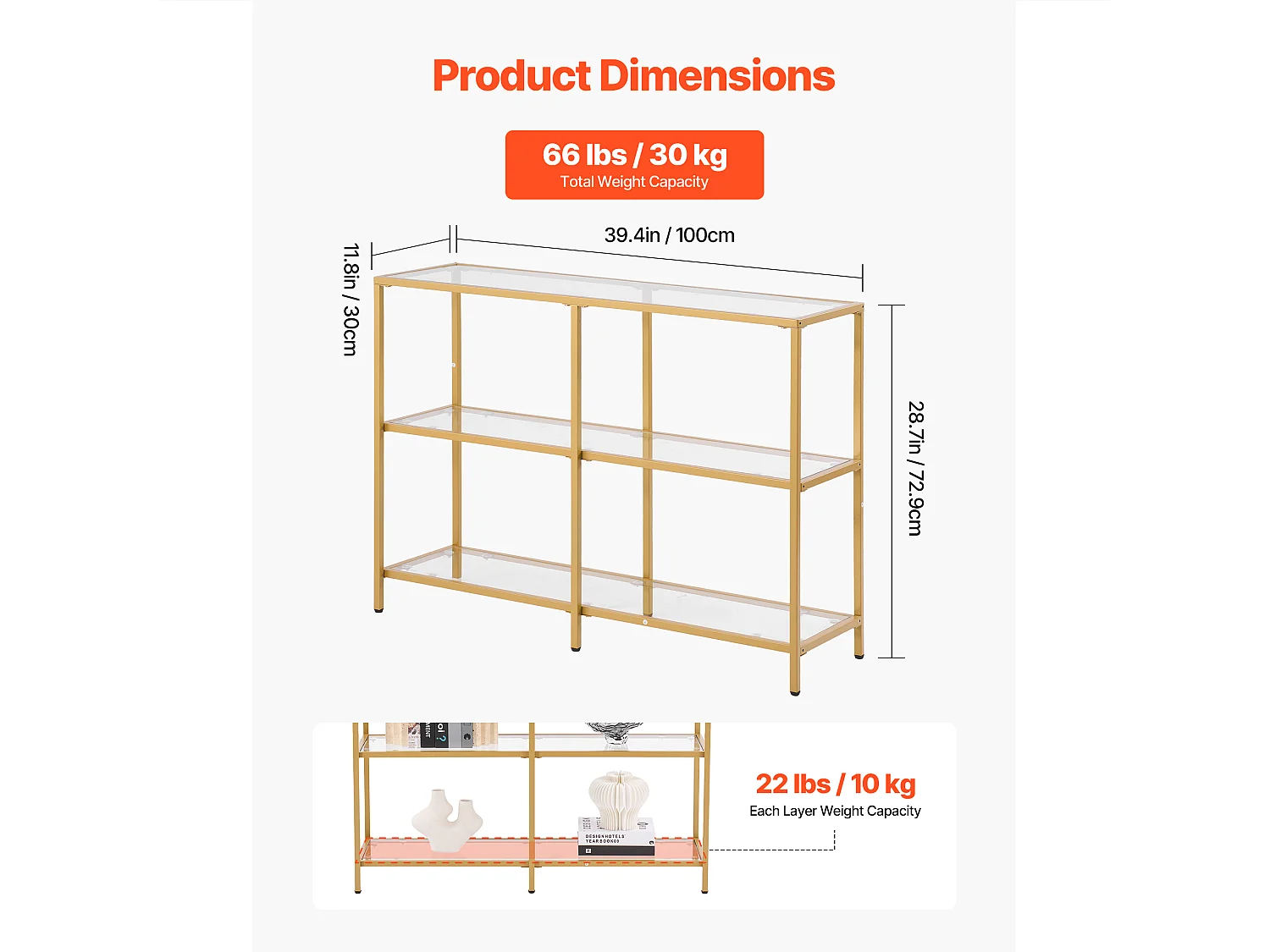 Tavolo Console SucceBuy in Vetro a 3 Livelli, Tavolino Rettangolare Moderno con Ripiani in Vetro Temperato, Struttura in Ferro, Ideale per Ingresso