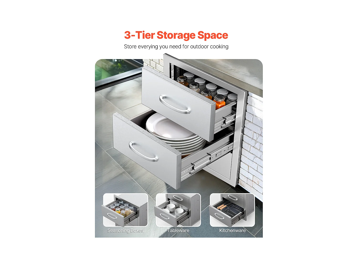 Tiroirs de Cuisine SucceBuy d'Extérieur en Acier Inoxydable, Ensemble de Trois Tiroirs 47 x 57 x 57cm avec Poignée, Idéal pour Îlots de Barbecue