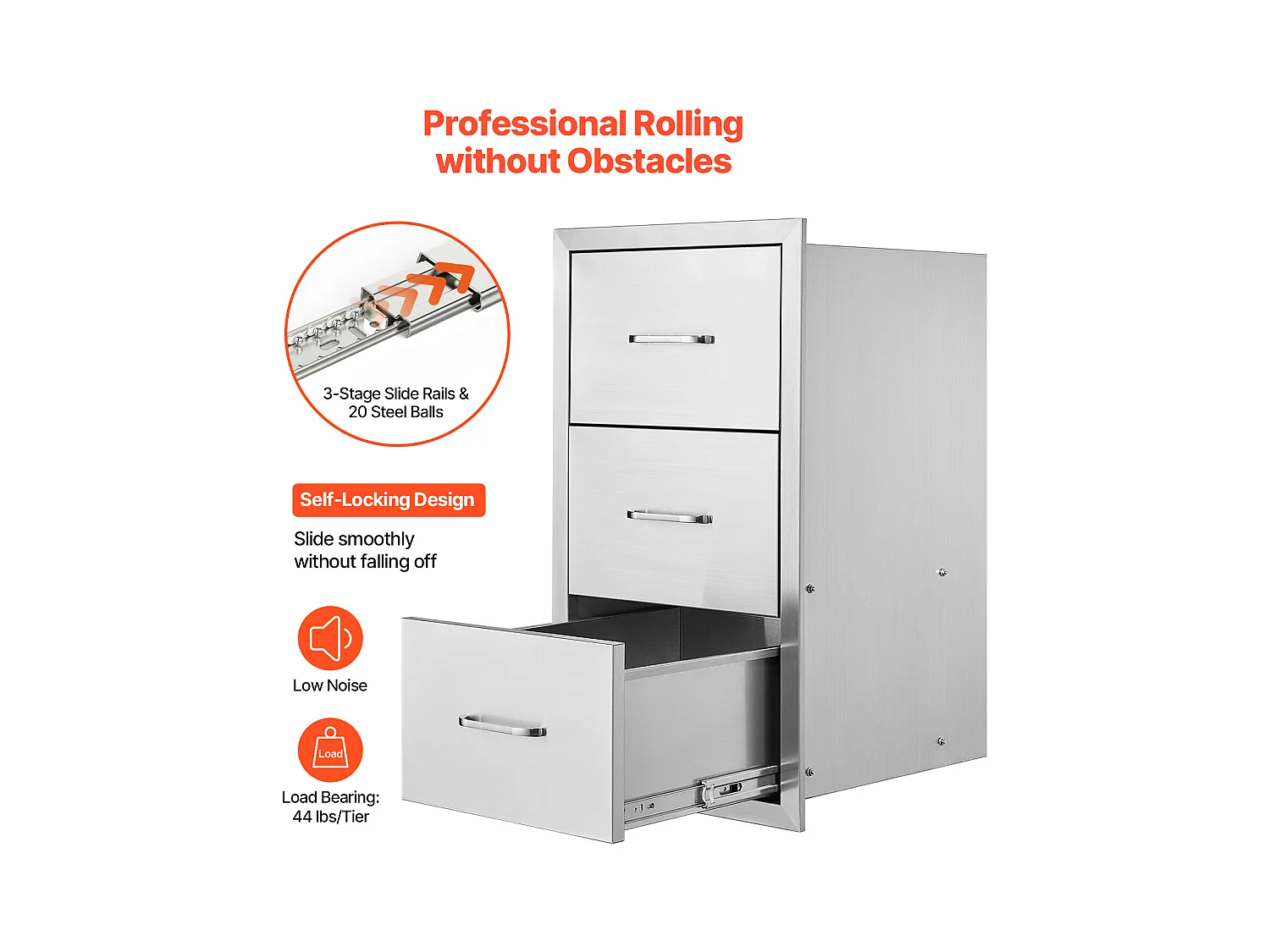 Tiroirs de Cuisine SucceBuy d'Extérieur en Acier Inoxydable, Ensemble de Trois Tiroirs 47 x 57 x 57cm avec Poignée, Idéal pour Îlots de Barbecue