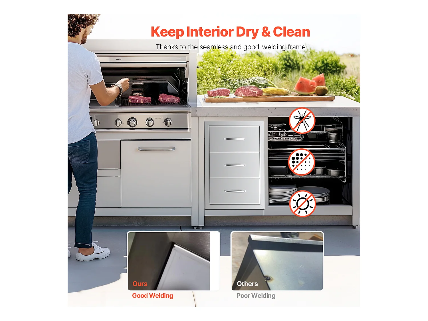 Tiroirs de Cuisine SucceBuy d'Extérieur en Acier Inoxydable, Ensemble de Trois Tiroirs 47 x 57 x 57cm avec Poignée, Idéal pour Îlots de Barbecue