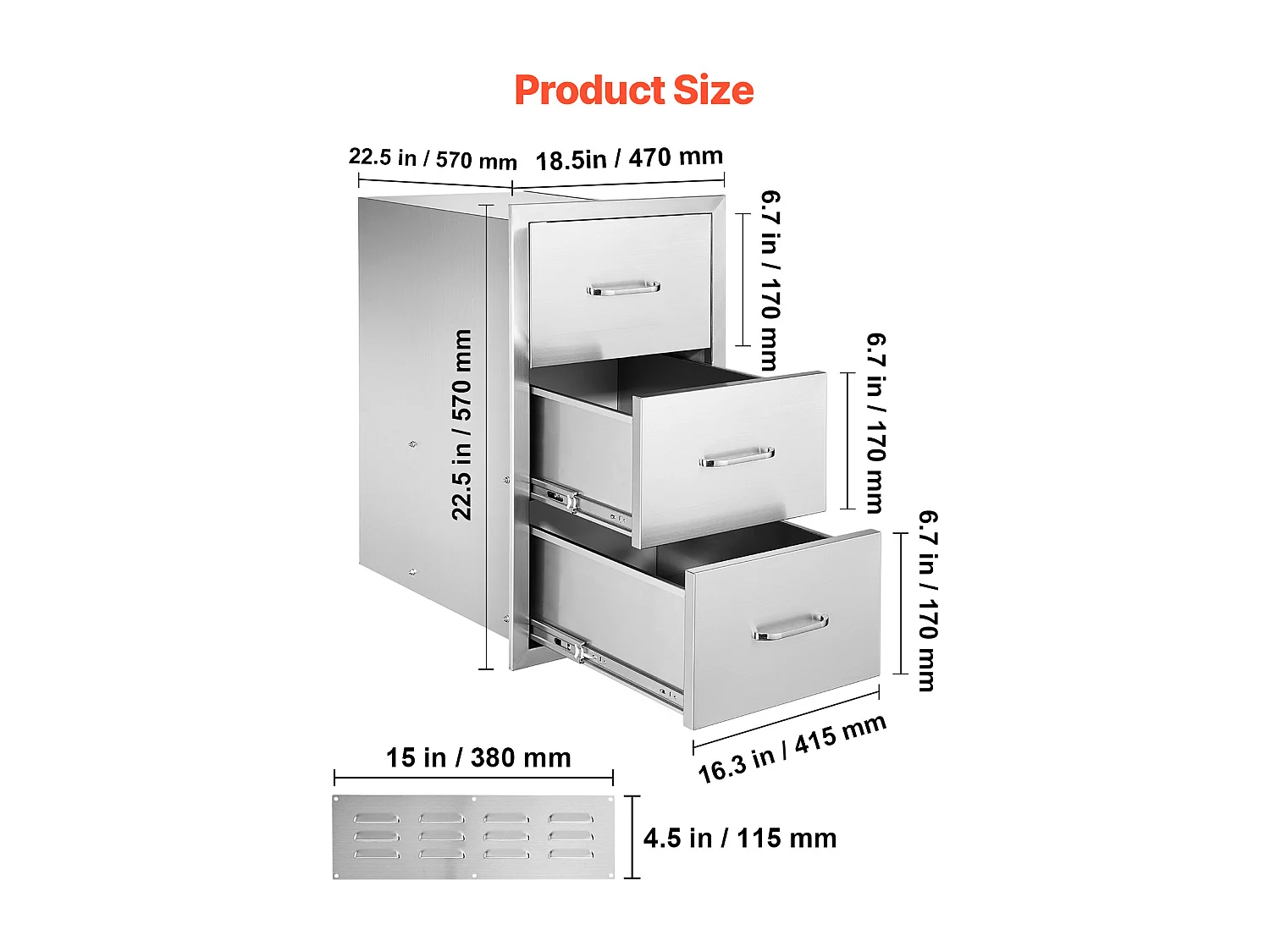 Tiroirs de Cuisine SucceBuy d'Extérieur en Acier Inoxydable, Ensemble de Trois Tiroirs 47 x 57 x 57cm avec Poignée, Idéal pour Îlots de Barbecue