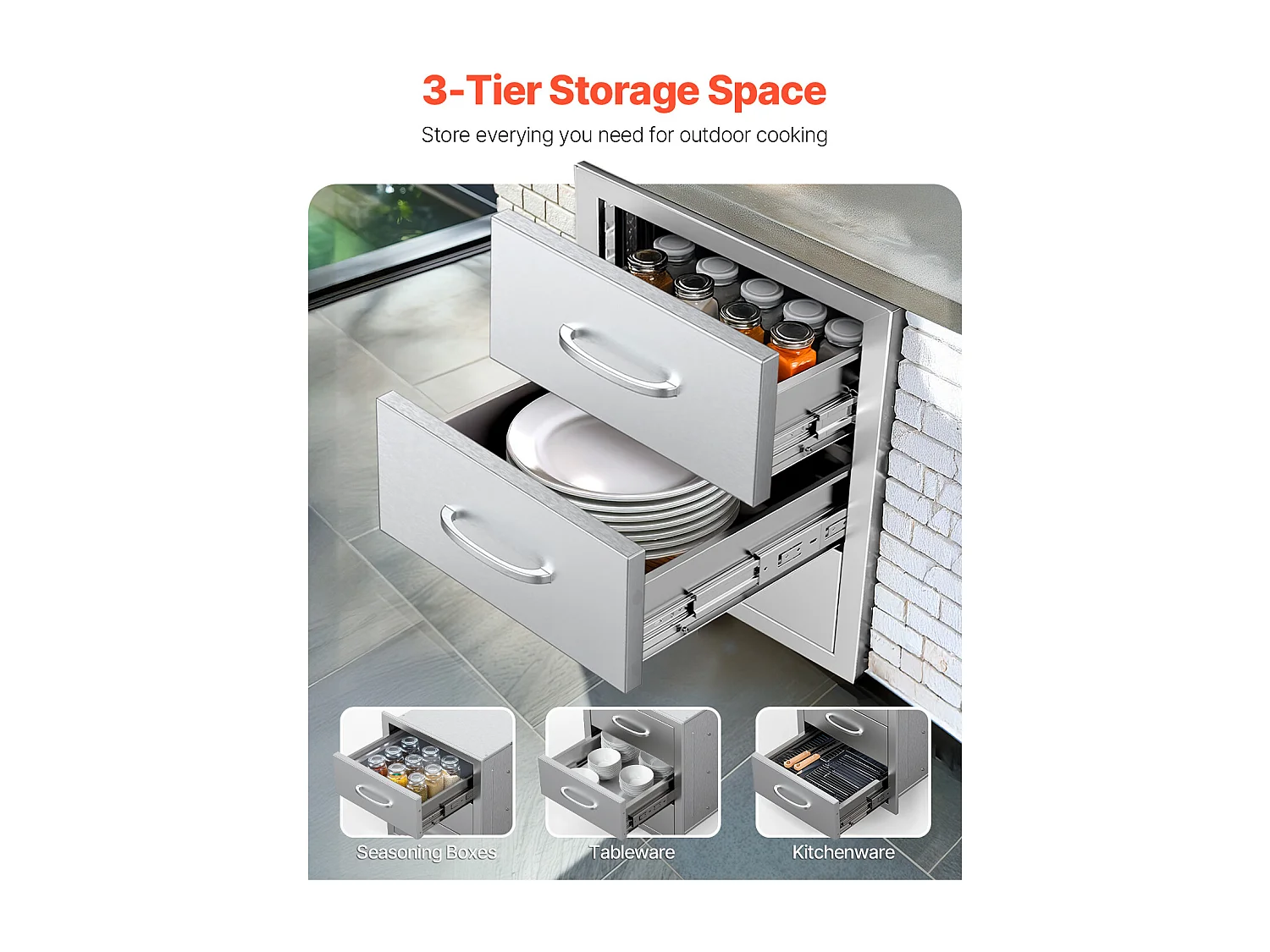 Tiroirs de Cuisine SucceBuy d'Extérieur en Acier Inoxydable, Ensemble de Trois Tiroirs 47 x 57 x 57cm avec Poignée, Idéal pour Îlots de Barbecue
