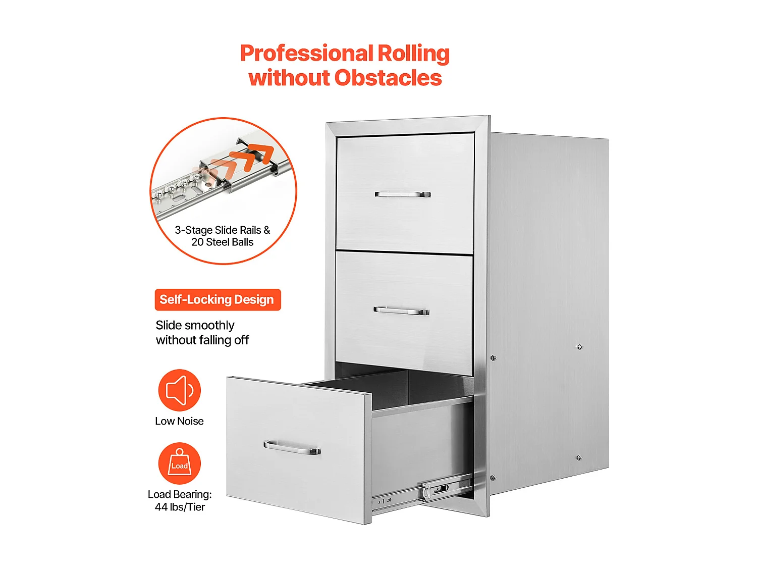 Tiroirs de Cuisine SucceBuy d'Extérieur en Acier Inoxydable, Ensemble de Trois Tiroirs 47 x 57 x 57cm avec Poignée, Idéal pour Îlots de Barbecue