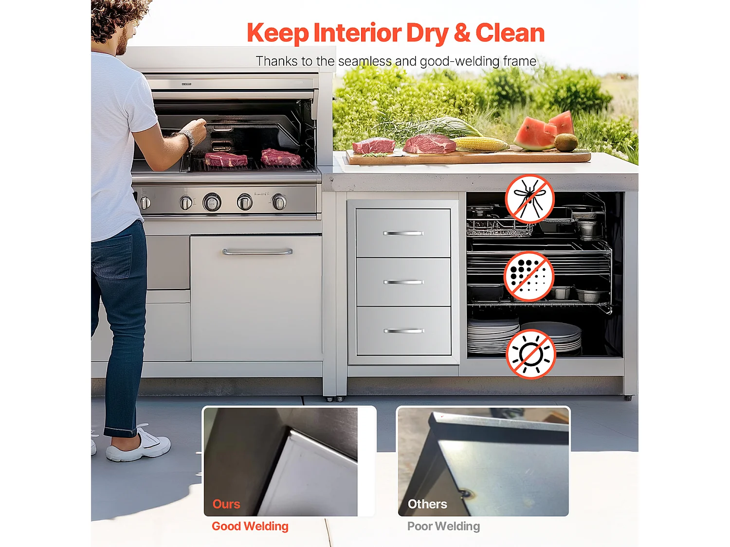 Tiroirs de Cuisine SucceBuy d'Extérieur en Acier Inoxydable, Ensemble de Trois Tiroirs 47 x 57 x 57cm avec Poignée, Idéal pour Îlots de Barbecue