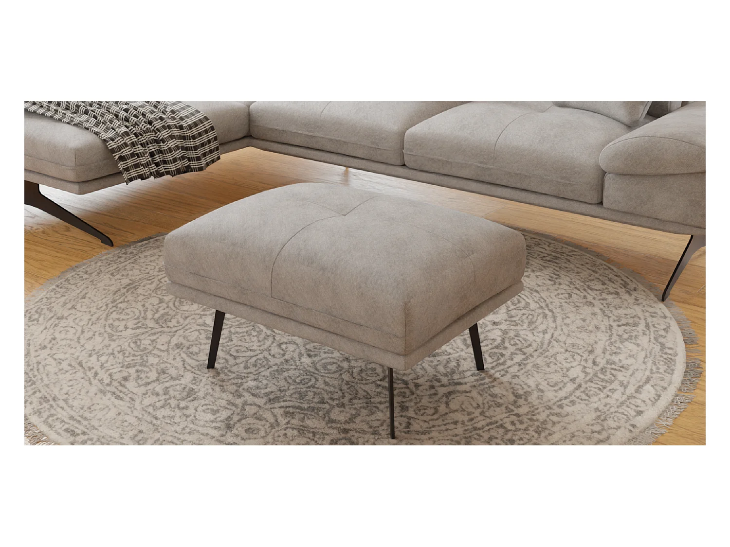 Pouf moderne avec hauts pieds en métal noir, en tissu velours gris clair Haga