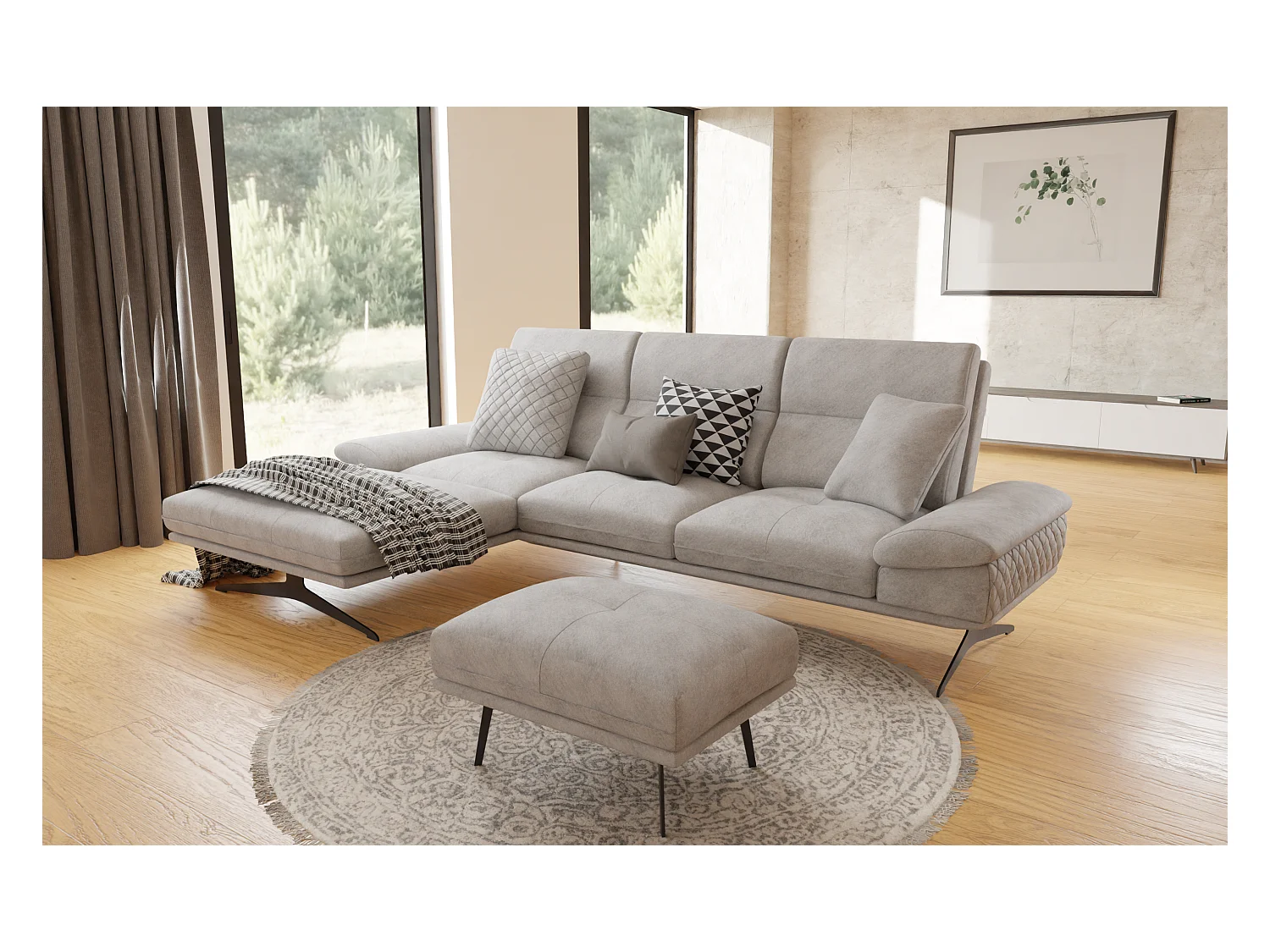 Pouf moderne avec hauts pieds en métal noir, en tissu velours gris clair Haga