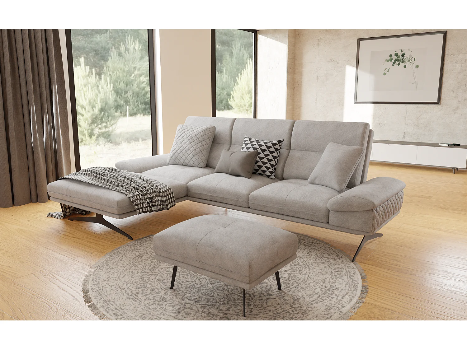 Pouf moderne avec hauts pieds en métal noir, en tissu velours gris clair Haga