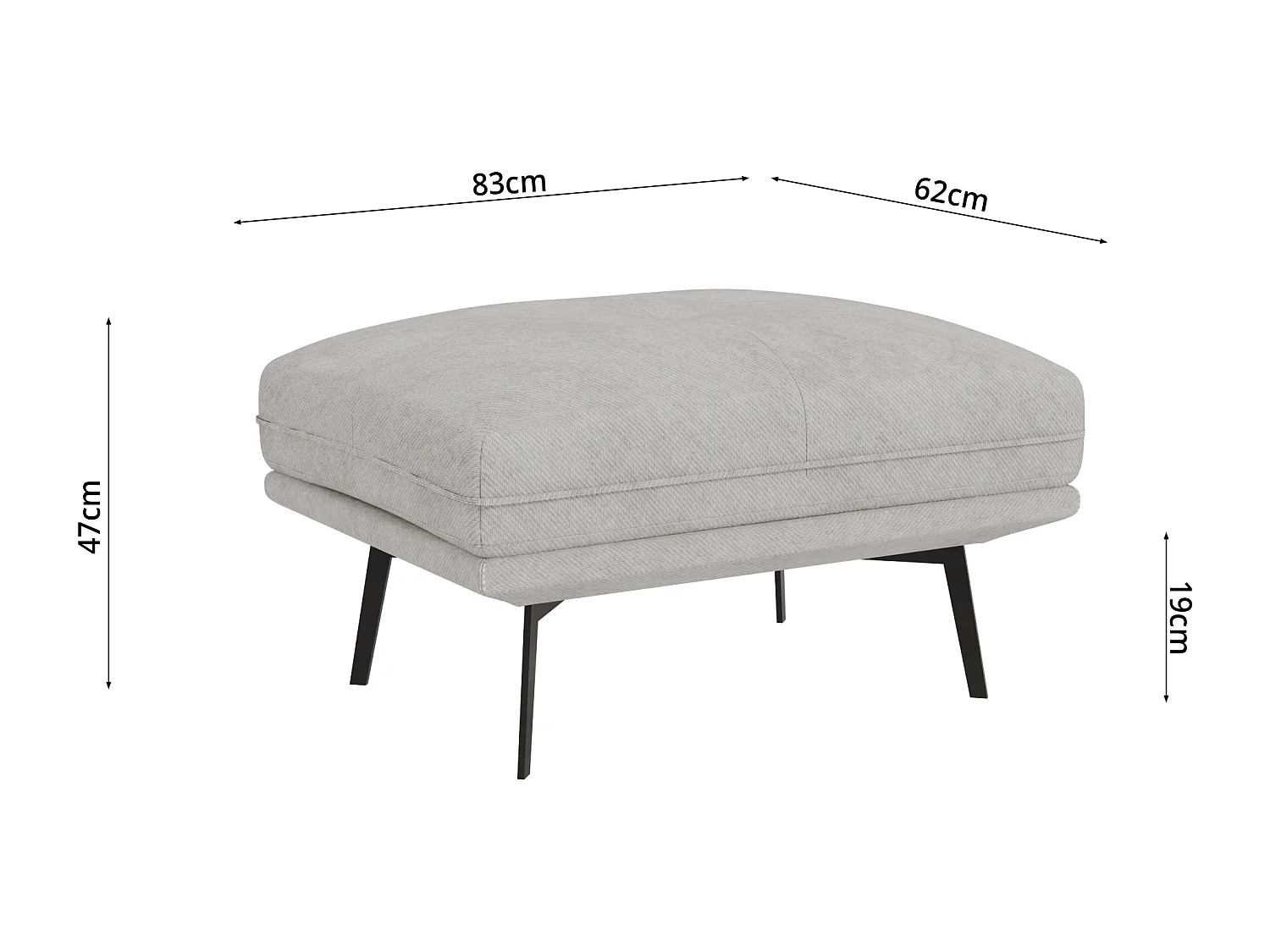 Pouf moderne avec hauts pieds en métal noir, en tissu velours gris clair Haga