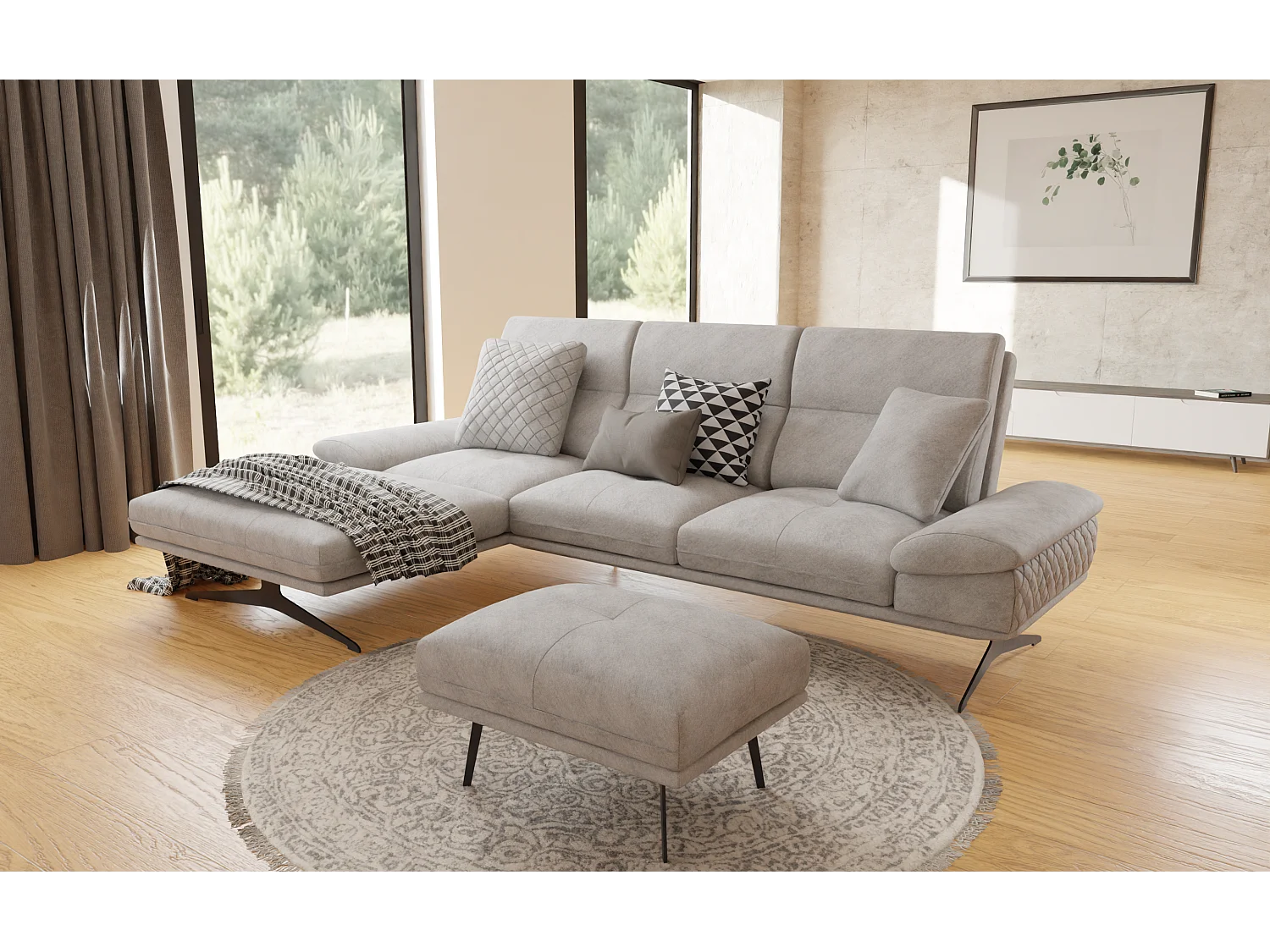 Pouf moderne avec hauts pieds en métal noir, en tissu velours gris clair Haga