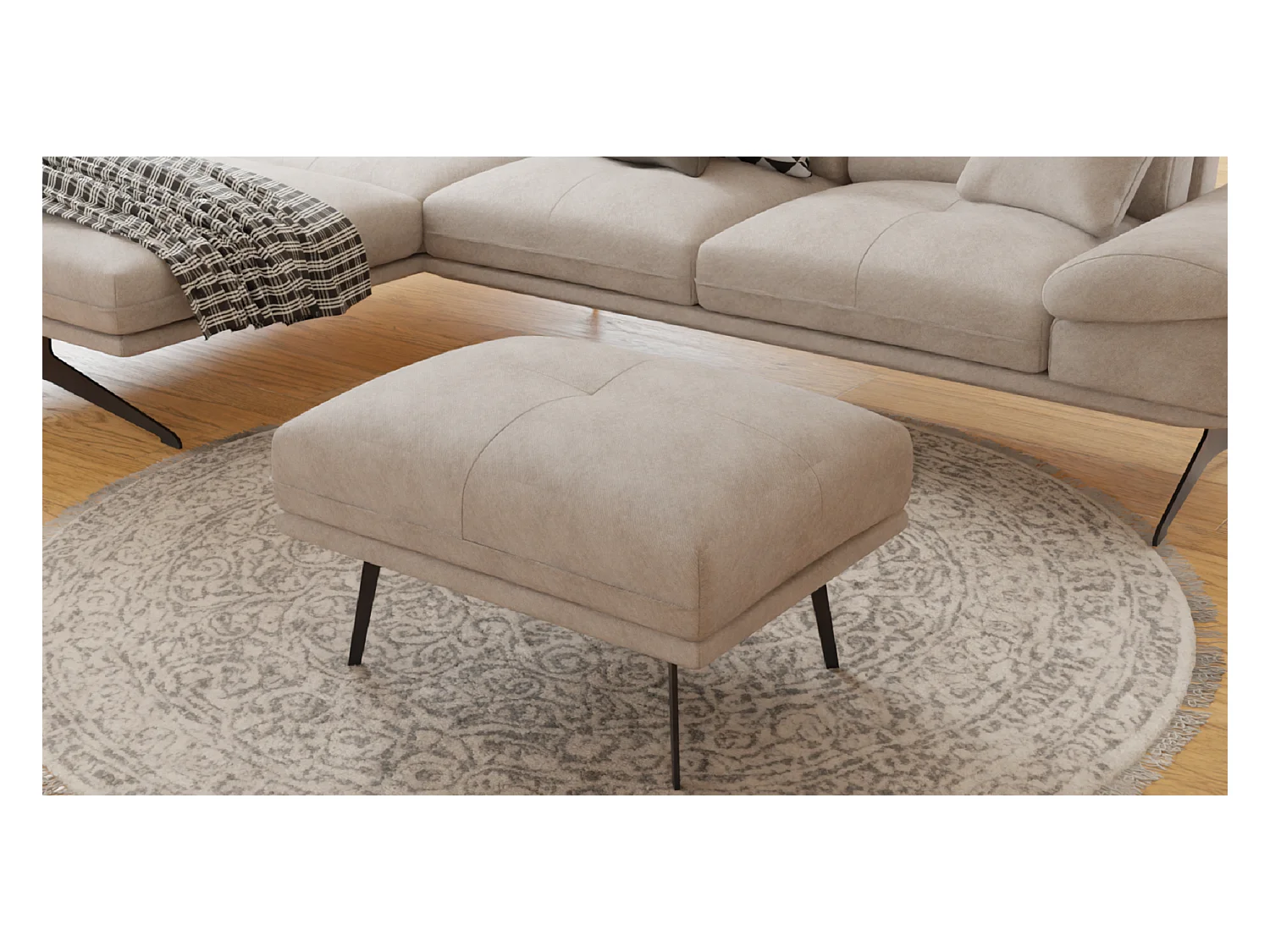 Pouf moderne avec hauts pieds en métal noir, en tissu velours beige Haga