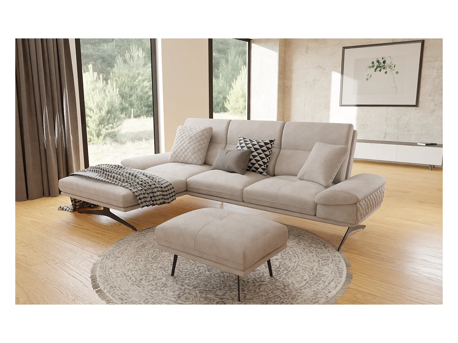 Pouf moderne avec hauts pieds en métal noir, en tissu velours beige Haga