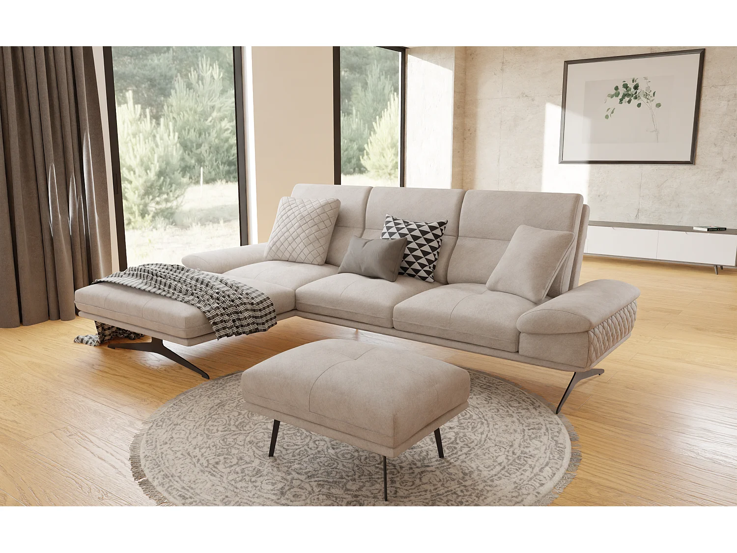 Pouf moderne avec hauts pieds en métal noir, en tissu velours beige Haga