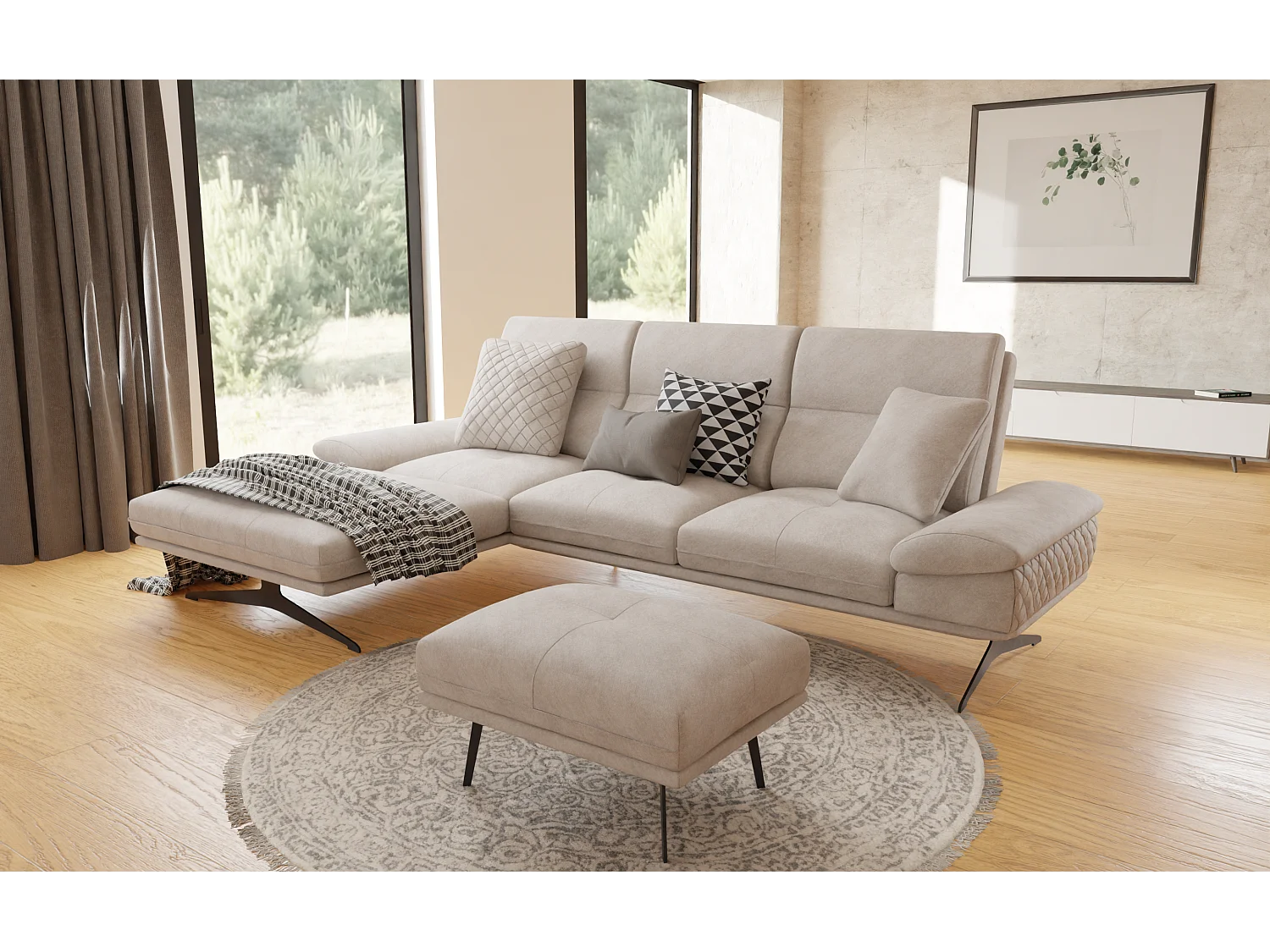 Pouf moderne avec hauts pieds en métal noir, en tissu velours beige Haga