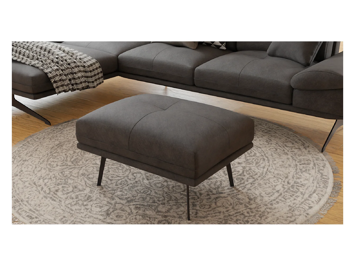 Pouf moderne avec hauts pieds en métal noir, en tissu velours noir Haga