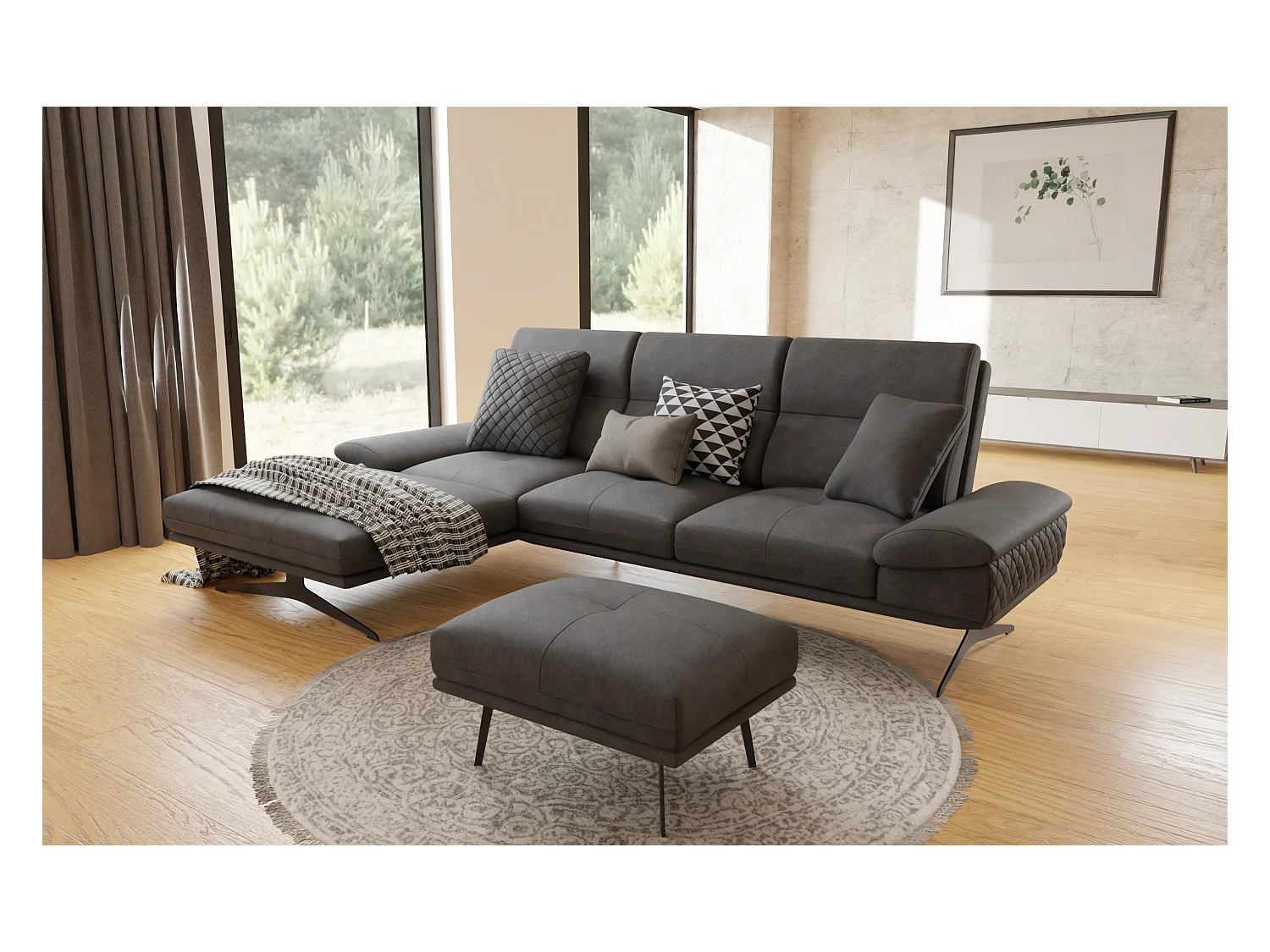 Pouf moderne avec hauts pieds en métal noir, en tissu velours noir Haga