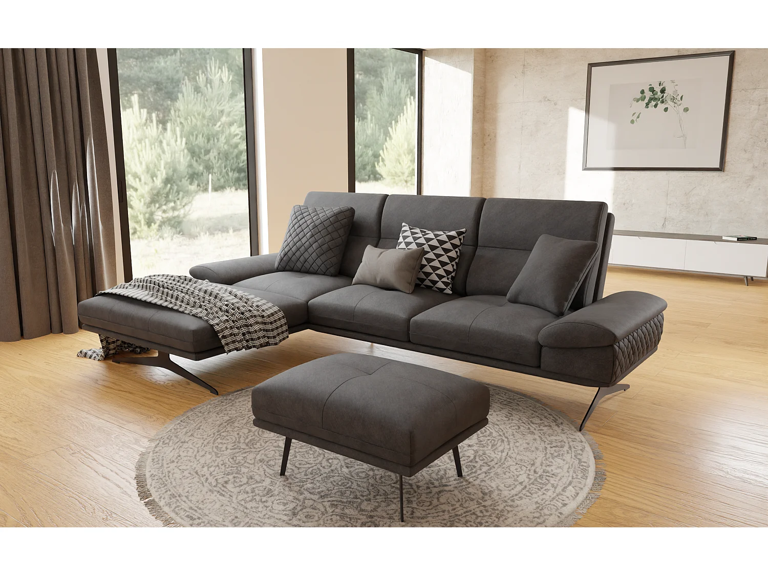 Pouf moderne avec hauts pieds en métal noir, en tissu velours noir Haga