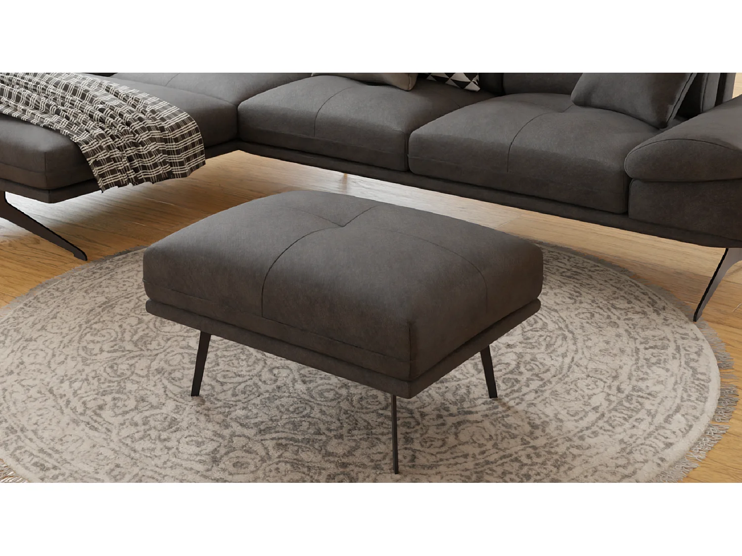 Pouf moderne avec hauts pieds en métal noir, en tissu velours noir Haga