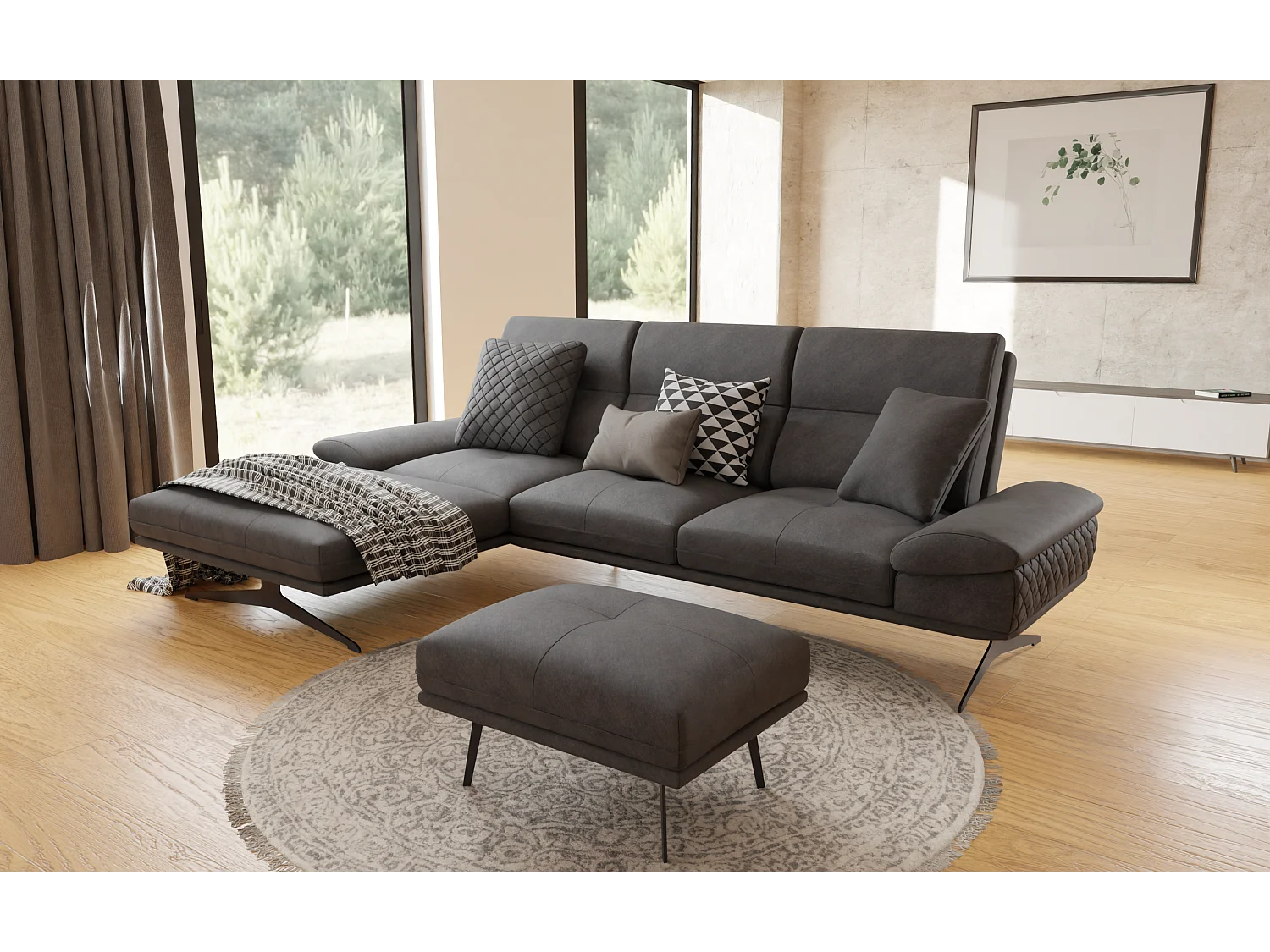 Pouf moderne avec hauts pieds en métal noir, en tissu velours noir Haga