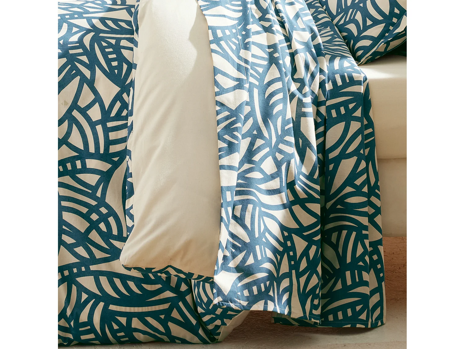 Drap plat 180x290 cm coton lavé SÉRÉNA géométrique Bleu beige