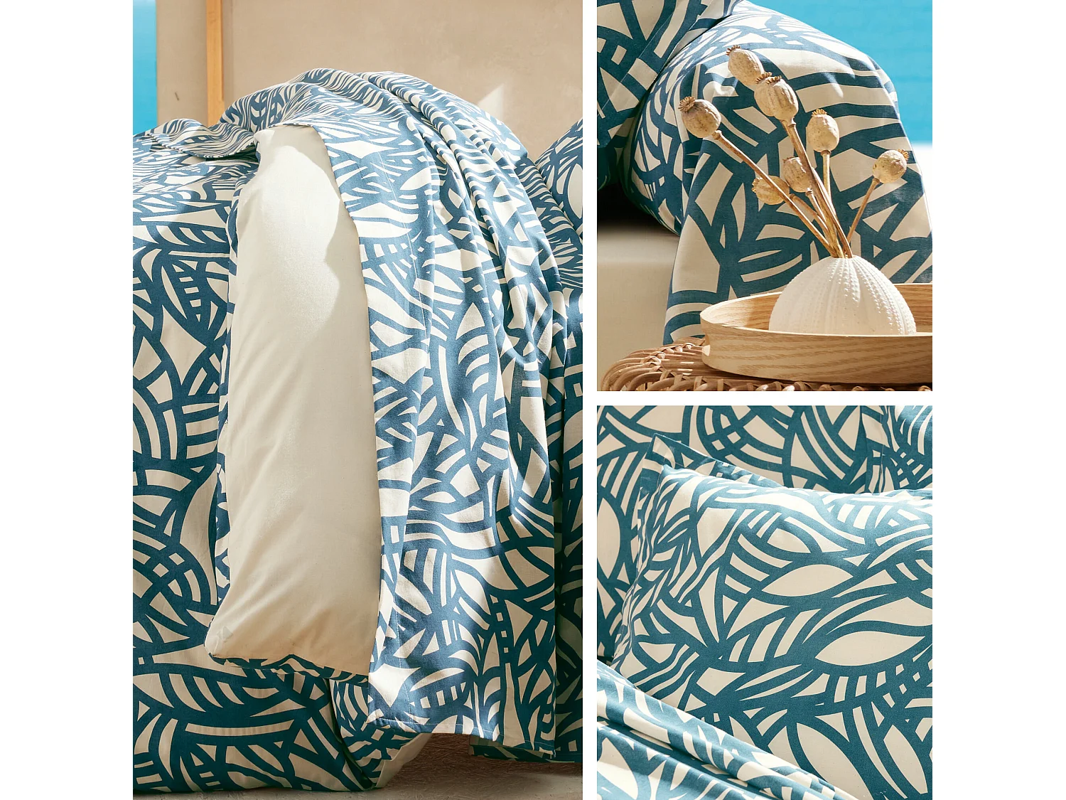 Drap plat 180x290 cm coton lavé SÉRÉNA géométrique Bleu beige