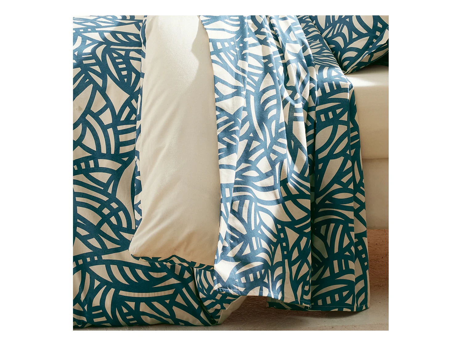 Drap plat 240x310 cm coton lavé SÉRÉNA géométrique Bleu beige