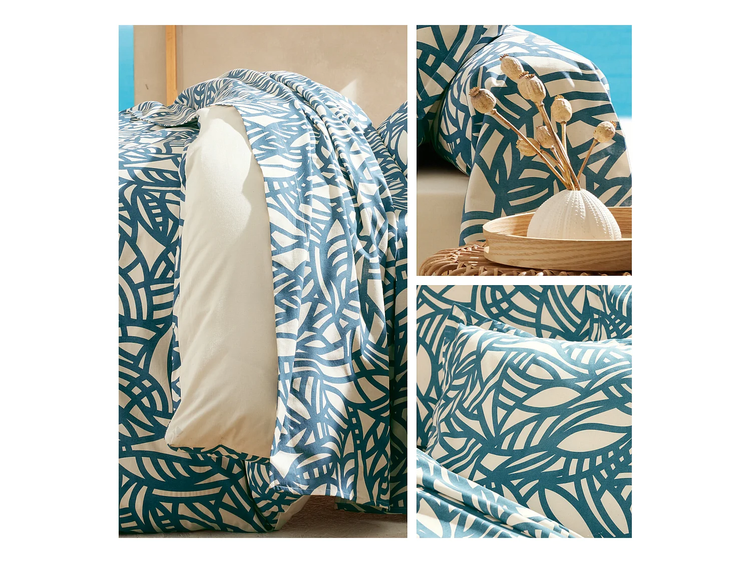 Drap plat 240x310 cm coton lavé SÉRÉNA géométrique Bleu beige