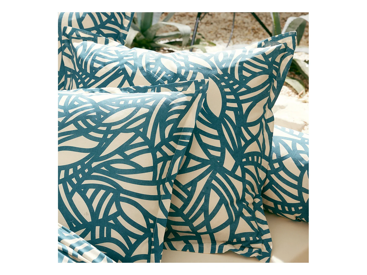 Drap plat 240x310 cm coton lavé SÉRÉNA géométrique Bleu beige