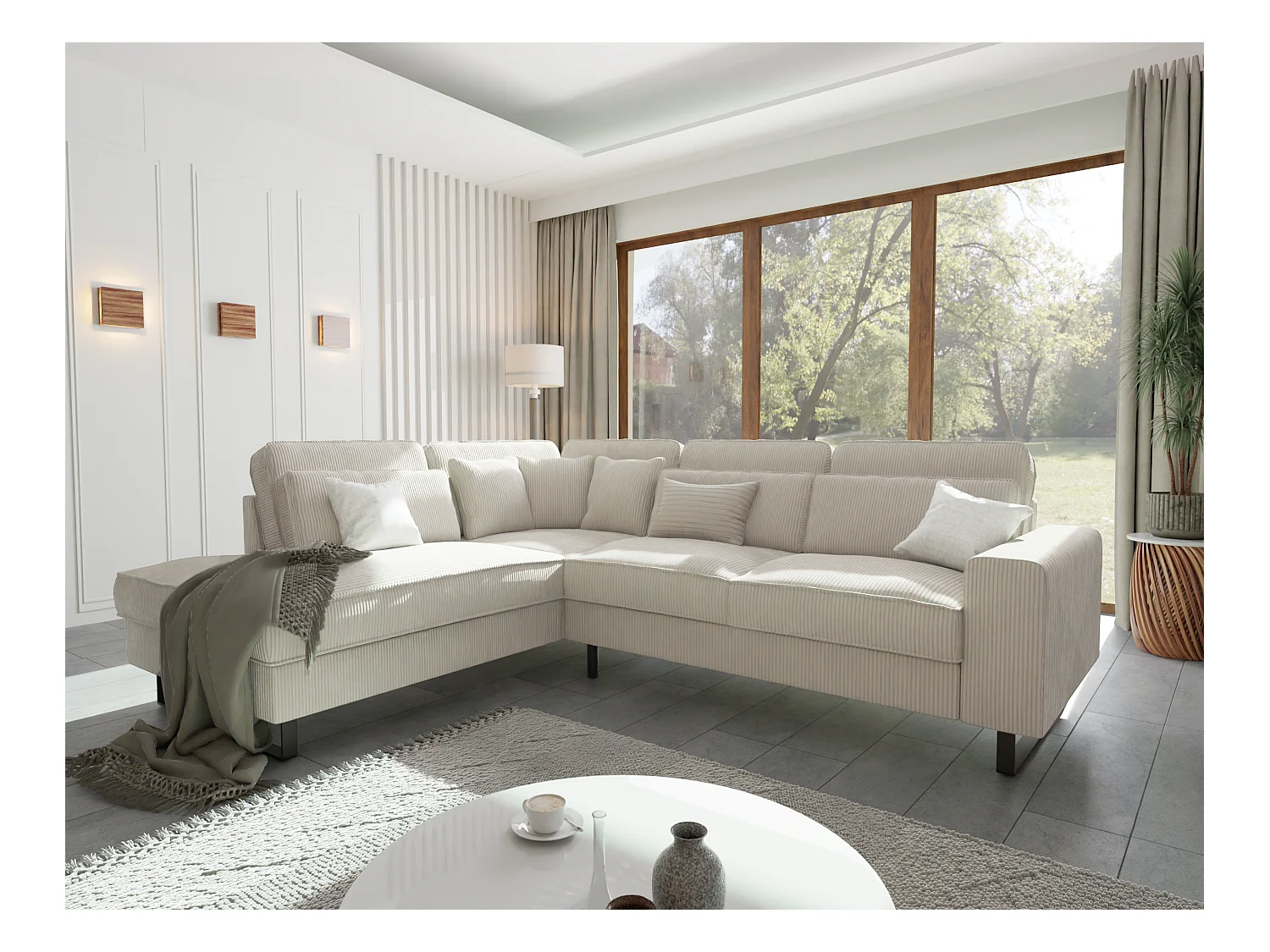 Canapé d’angle avec ottomane et pieds en métal noir, en tissu côtelé beige DUSK