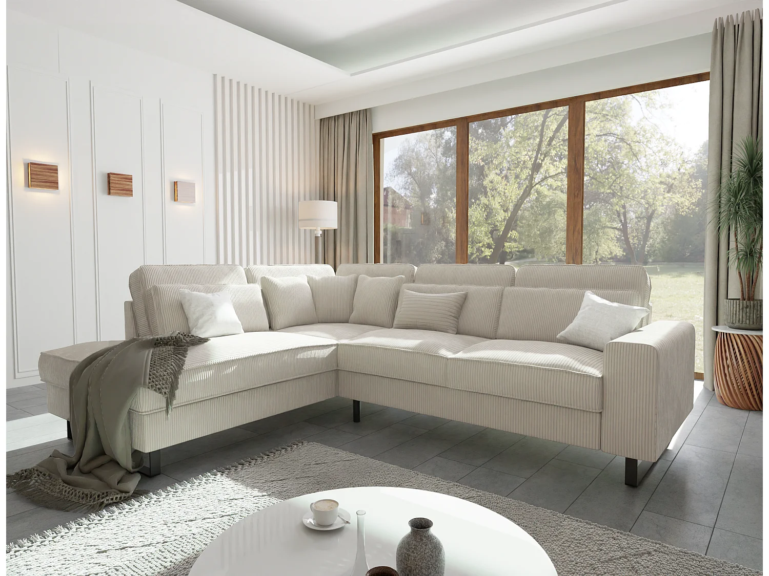 Canapé d’angle avec ottomane et pieds en métal noir, en tissu côtelé beige DUSK