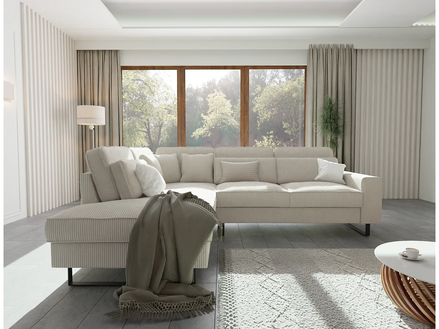 Canapé d’angle avec ottomane et pieds en métal noir, en tissu côtelé beige DUSK